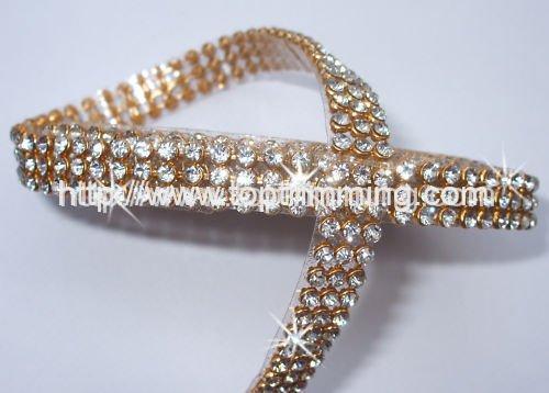 Gold Mesh Clear Chatons 3 Rows (3mm Crystal) Ribbon Iron-On Crystal  Diamante Reel